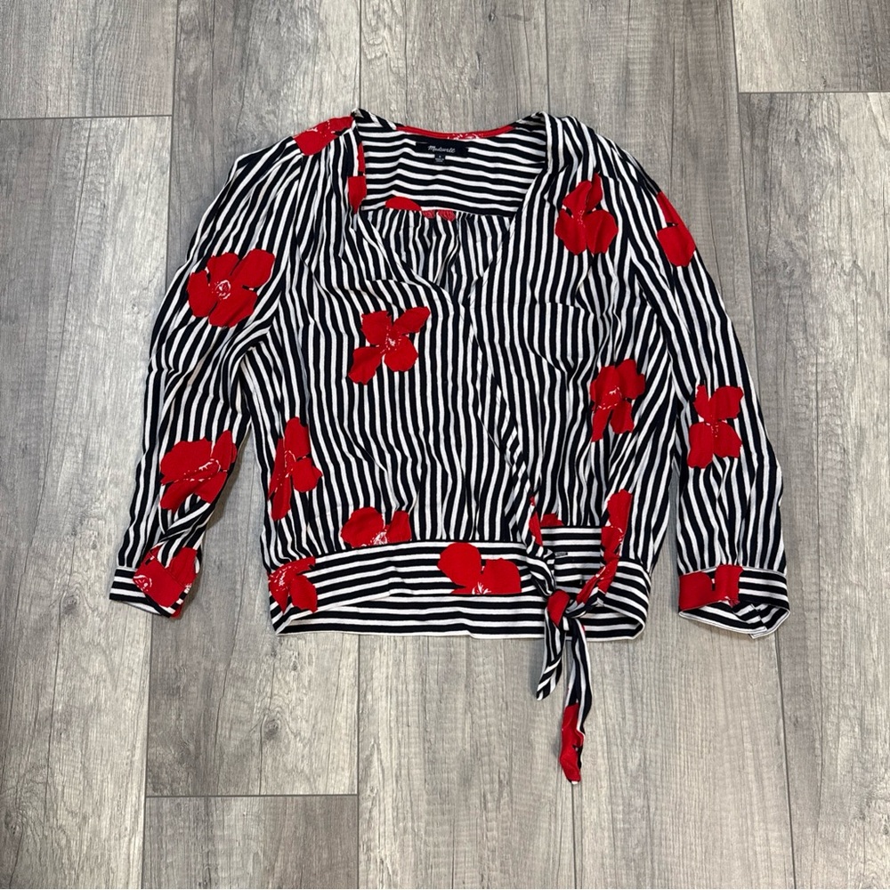 Madewell Black & White Tie Front Blouse